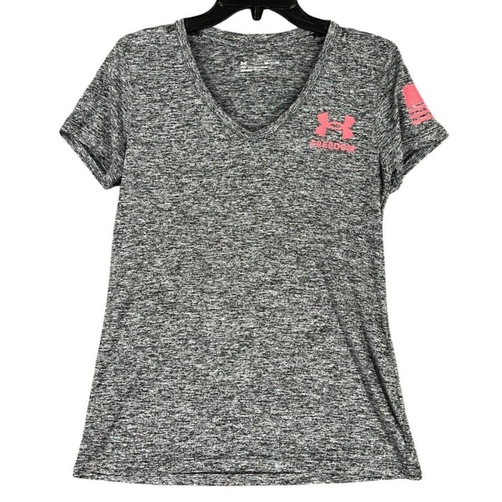 Under Armour Freedom‎ V Neck T Shirt Gray Space Dye Pink Logo Flag SM Womens